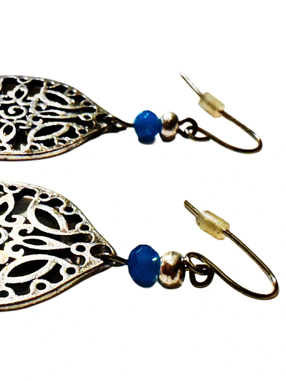 Filigree Leaf Drop Earrings with Blue and Silver Bead Accents